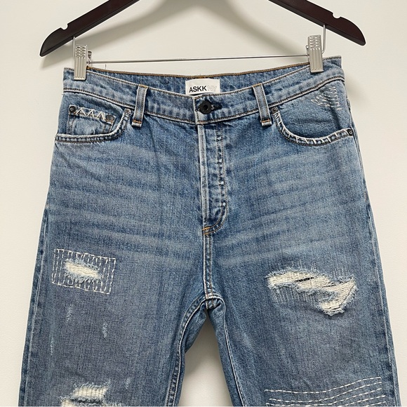 ASKK NY Straight Leg Distressed Embroidered Stitch Blue Jean Size 27 - Picture 8 of 16